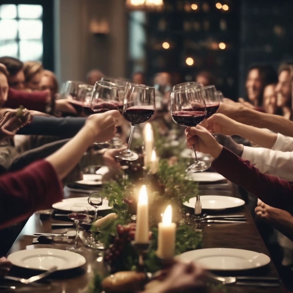 People seated around a long dinner table raise glasses of red wine for a toast, with candles and greenery as centerpiece decorations.
