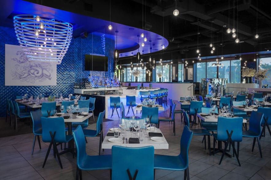 Salt Water Social in Denver, CO - Modern restaurant interior with blue chairs, white tables, a large light fixture, and a bar area; overhead lights and floor-to-ceiling windows provide ample lighting.